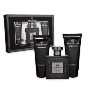 Set cadou Sergio Tacchini Pure Black, Barbati, Apa de Toaleta 100 ml + Gel de dus 100 ml, + Aftershave, 100 ml