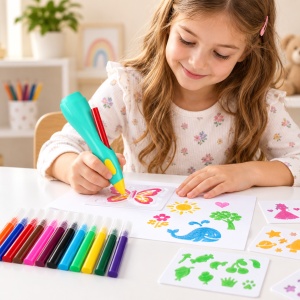 Set creativ cu aerograf electric pentru copii, 12 markere si 30 sabloane, reincarcabil USB, 6+ ani - Img 2