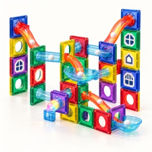 Set de constructie magnetic cu circuit pentru bile si lumini, 40 piese, multicolor, 3 ani+