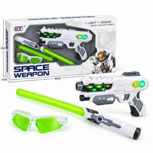 Set de joaca Space Weapon cu pistol, sabie telescopica luminoasa si ochelari, efecte de lumina si sunet, 3 ani+.