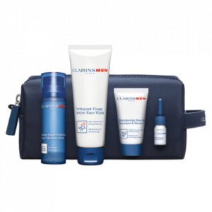 Set Gel de Curatare Clarins Barbati, Balsam Super Hidratant 50 ml + Active Face Wash 125 ml + Sampon/Gel Dus 30 ml + Shave Ease Oil 3 ml + Pouch