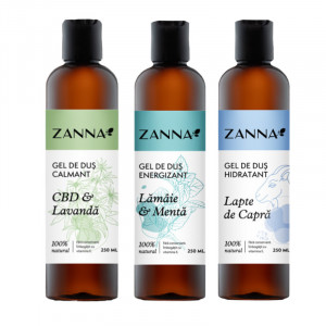 Set Gel de dus Calmant cu CBD & Lavanda, Gel de dus Energizant cu Lamaie si Menta, Gel de dus Hidratant cu Lapte de capra, 250ml Zanna - Img 2