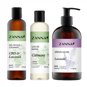 Set Gel de dus Calmant cu CBD & Lavanda, Ulei de masaj Calmant cu CBD si Lavanda, Sapun lichid cu Lavanda Zanna - Img 2