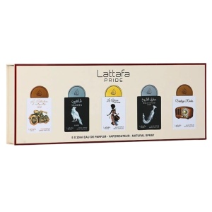Set Lattafa Apa de Parfum Unisex – Bike1910 20 ml, Shaheen Silver 20 ml, African Drummer 20 ml, Shuyukh Silver 20 ml, Vintage Radio 20 ml