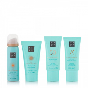 Set Rituals The Ritual of Karma, Crema de protectie solara SPF50 50ml + Spuma de dus 50ml + Exfoliant 70ml + Lotiune bronzanta 50ml + geanta cosmetica.