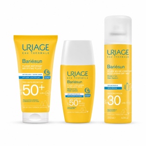 Set Uriage Bariesun – Fluid matifiant SPF 50+, 50 ml + Fluid ultra-lejer SPF 50+, 30 ml + Spray uscat hidratant SPF 30, 200 ml
