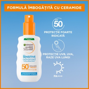 Spray de corp pentru adulti cu protectie solara SPF 50+ Sensitive Advanced Ambre Solaire, 150 ml, Garnier