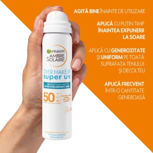 Spray pentru fata cu protectie solara SPF 50 Over Makeup Super UV Ambre Solaire Garnier, 75 ml - Img 4