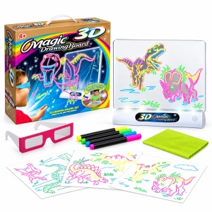 Tablita de desen 3D pentru copii cu dinozauri, ochelari 3D, markere fluorescente si efect luminos, 4 ani+