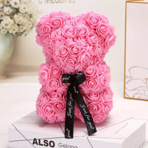 Ursulet floral din Trandafiri de spuma 25 cm, cu funda, in cutie cadou, roz