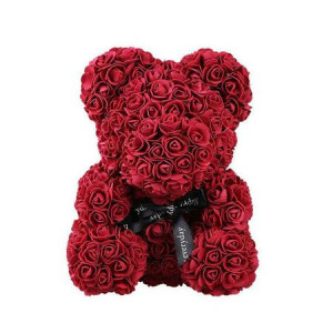 Ursulet floral din Trandafiri de spuma 25 cm, cu funda, in cutie cadou, bordo