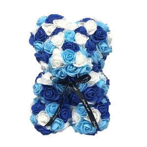 Ursulet Floral Triple color din Trandafiri spuma in cutie cadou, 25 cm, albastru