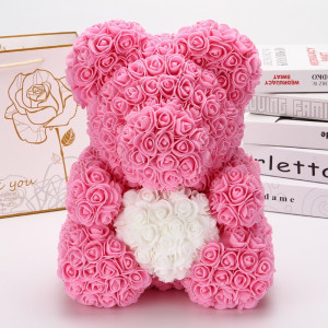 Ursulet trandafiri de spuma cu inima, in cutie cadou cu funda, 40 cm - Img 4