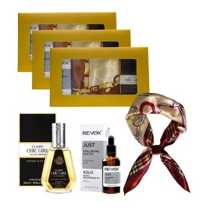 3 x Set Elysa – Ser Revox Hyaluronic Acid 5% 30ml, Parfum Classy Chic Girl 50ml, Esarfa crem satinata