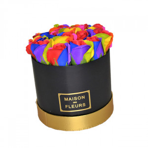 Aranjament floral cutie rotunda neagra cu trandafiri de sapun multicolori - Img 3