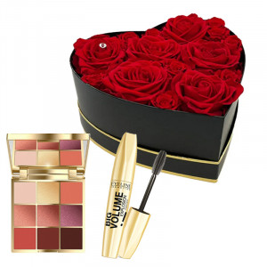 Cadou femei My Heart Red, cutie cu 15 trandafiri criogenati, paleta machiaj si mascara big volume Eveline
