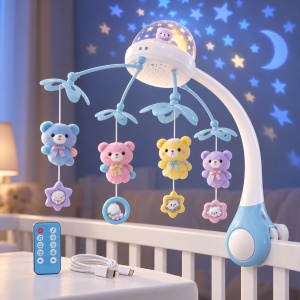 Carusel muzical pentru patut cu proiector, lumina de veghe, telecomanda si acumulator USB, albastru, 0 luni+ - Img 2
