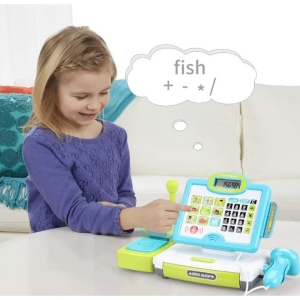 Casa de marcat interactiva cu ecran tactil, LCD electronic, sertar de bani, sunete si lumini, scanner, cititor de carduri, bancnote, monede si cantar
