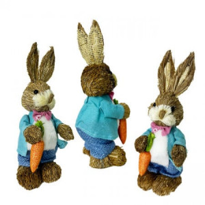 Figurina decorativa din paie, Iepuras Ysac, cu pantaloni, sacou si papion, 22 cm, Albastru