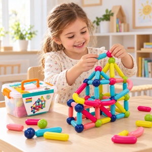 Joc educativ magnetic cu 64 de piese pentru constructii 3D, tije, bile colorate si cutie de depozitare cu maner, 3+ ani - Img 5