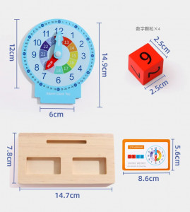 Jucarie Educativa si Interactiva Montessori, Ceas din Lemn cu Alarma, Diferite Forme Geometrice si Cartonase Multicolore - Img 6