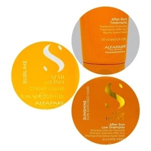Pachet Alfaparf Semi di Lino Sunshine - Sampon, 250 ml + Tratament after sun, 200 ml + Ulei pentru stralucire Sublime Cristalli Liquidi 15 ml