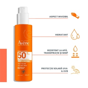 Pachet Avène – Spray protectie solara SPF 50+ 400 ml + Spray protectie solara 100% invizibil SPF 50 200 ml + Lotiune after sun, 400 ml