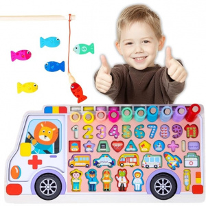 Placa logaritmica multifunctionala Montessori cu figurine, masinute, forme geometrice, joc de pescuit si calcule matematice, 6 in 1, Ambulanta