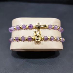 Set 2 bratari Amethyst din otel inoxidabil si zirconiu, Unisex, gold - Img 1