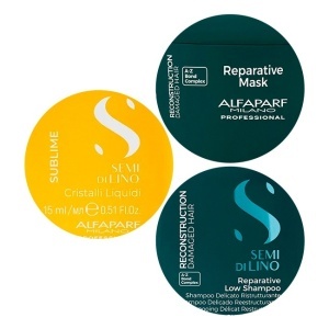 Pachet Alfaparf Semi di Lino Reconstruction cu Sampon 250 ml + Masca 200 ml + Ulei Cristalli Liquidi 15 ml