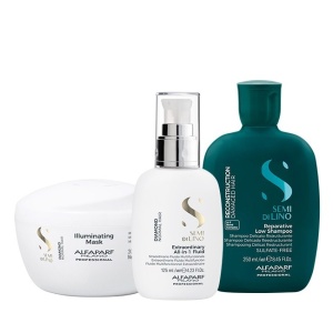 Set Alfaparf Semi Di Lino Reconstruction Sampon, 250 ml + Masca de par pentru stralucire Diamond Illuminating, 200ml + Fluid pentru stralucire All-in-1 Diamond Illuminating, 125 ml