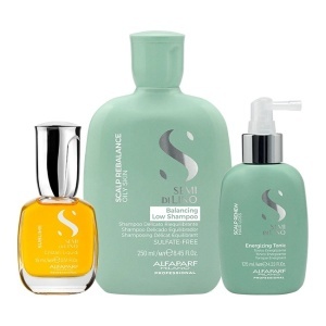 Set Alfaparf Semi di Lino  Sampon Balancing, 250 ml + Tonic Energizant, 125 ml, Ulei Cristalli Liquidi 15 ml