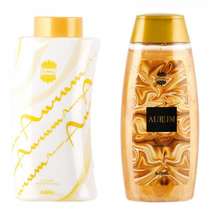Set cadou Ajmal Aurum, Apa de Parfum, Femei, 75 ml + Gel de dus 200 ml + Unt de corp 200 ml + Pudra de corp parfumata 100 g - Img 2