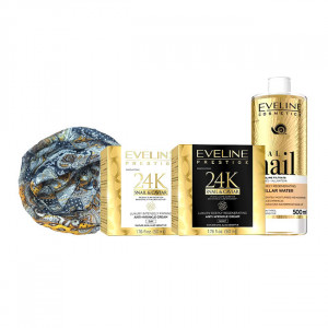 Set cadou Crema de zi anti-rid Eveline Cosmetics Prestige 24k Snail & Caviar 50 ml +  Crema de noapte anti-rid Eveline Prestige 24k Snail & Caviar 50 ml +  Apa micelară 3 în 1 Royal Snail, 500 ml + Esarfa