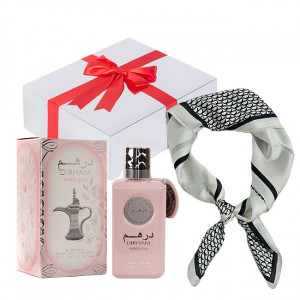 Set cadou Essence&Shawl: parfum Ard Al Zaafaran Dirham Wardi + esarfa satinata + cutie cadou cu funda 