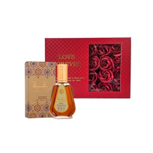 Set cadou GlamPack, Apa de Parfum, Lattafa Raghba, Femei, 50 ml si Cutie cu trandafiri