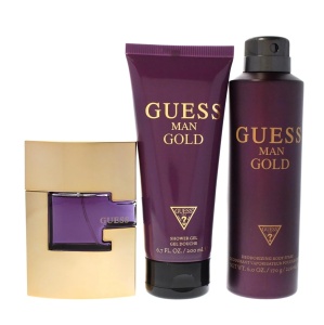 Set cadou Guess Man Gold, Apa de Toaleta, Barbati, 75 ml + Spray de corp, 226 ml + Gel de dus, 200 ml