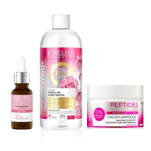 Set cadou Peptides Glow Eveline Cosmetics Crema antirid pentru ten matur, 50 ml + Ser lifting cu multi peptide, 18 ml + Apa micelara tonifianta de trandafiri, Facemed+, Toning Micellar Rose Water 3 in 1, 400 ml