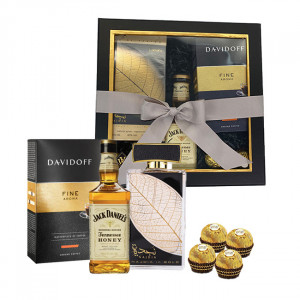 Set cadou unisex, cutie eleganta cu parfum Lattafa Perfumes Najdia in Gold 100 ml, Cafea Davidoff Fine Aroma 250gr, Whisky Jack Daniel's Tennessee Honey 200ml - Img 6