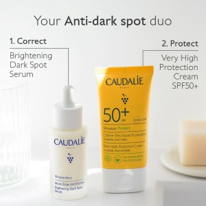 Set Caudalie Vinoperfect si Vinosun, Ser iluminator anti-pete 30 ml + Crema de fata cu protectie solara SPF 50, 25 ml