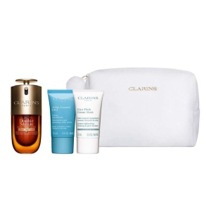Set Clarins Double Serum Light Collection, Femei – Serum Antirid 50 ml + Hydra-Essentiel 15 ml + Cryo-Flash Cream Mask 15 ml + Pouch