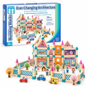 Set de constructie din lemn Oras modular, 248 piese, cu cladiri, figurine si masinute, 3 Ani+, multicolor - Img 2