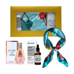 Set Elysa – Parfum La Vida es Bella 50ml, Ser Revox Hyaluronic Acid 5% 30ml, Esarfa bleu