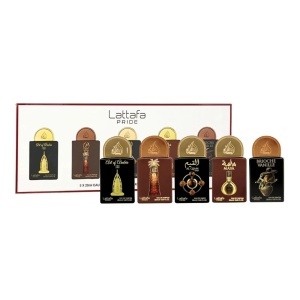 Set Lattafa Apa de Parfum Unisex – Art of Arabia III 20 ml, Ajwaa 20 ml,Al Qiam Gold 20 ml, Masa 20 ml, Brioche Vanille 20 ml