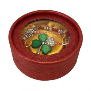 Set Lucky Camee, brosa/ trifoi cu cristale si bratara, elastica cu margele si charm trifoi, in cutie rotunda, Verde