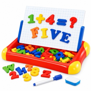 Tablita magnetica educativa 2 in 1 cu litere, cifre, marker si spatiu de depozitare, multicolor, 3+ ani