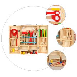 Trusa de scule din lemn pentru copii – set educativ cu unelte colorate, 3+ ani