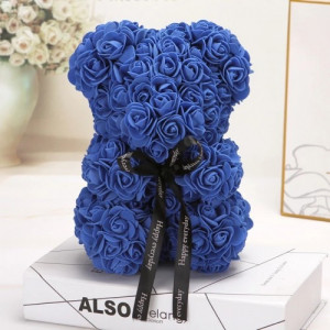 Ursulet floral din Trandafiri de spuma 25 cm, cu funda, in cutie cadou, albastru