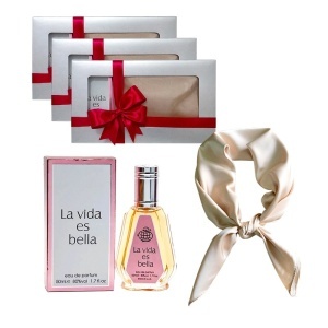 3 x Set Elysa – Apa de Parfum La Vida es Bella Fragrance World 50ml, Esarfa satinata crem