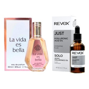 Set Elysa - Apa de Parfum La Vida es Bella Fragrance World 50ml Femei, Ser Revox Hyaluronic Acid 5% 30ml, Esarfa